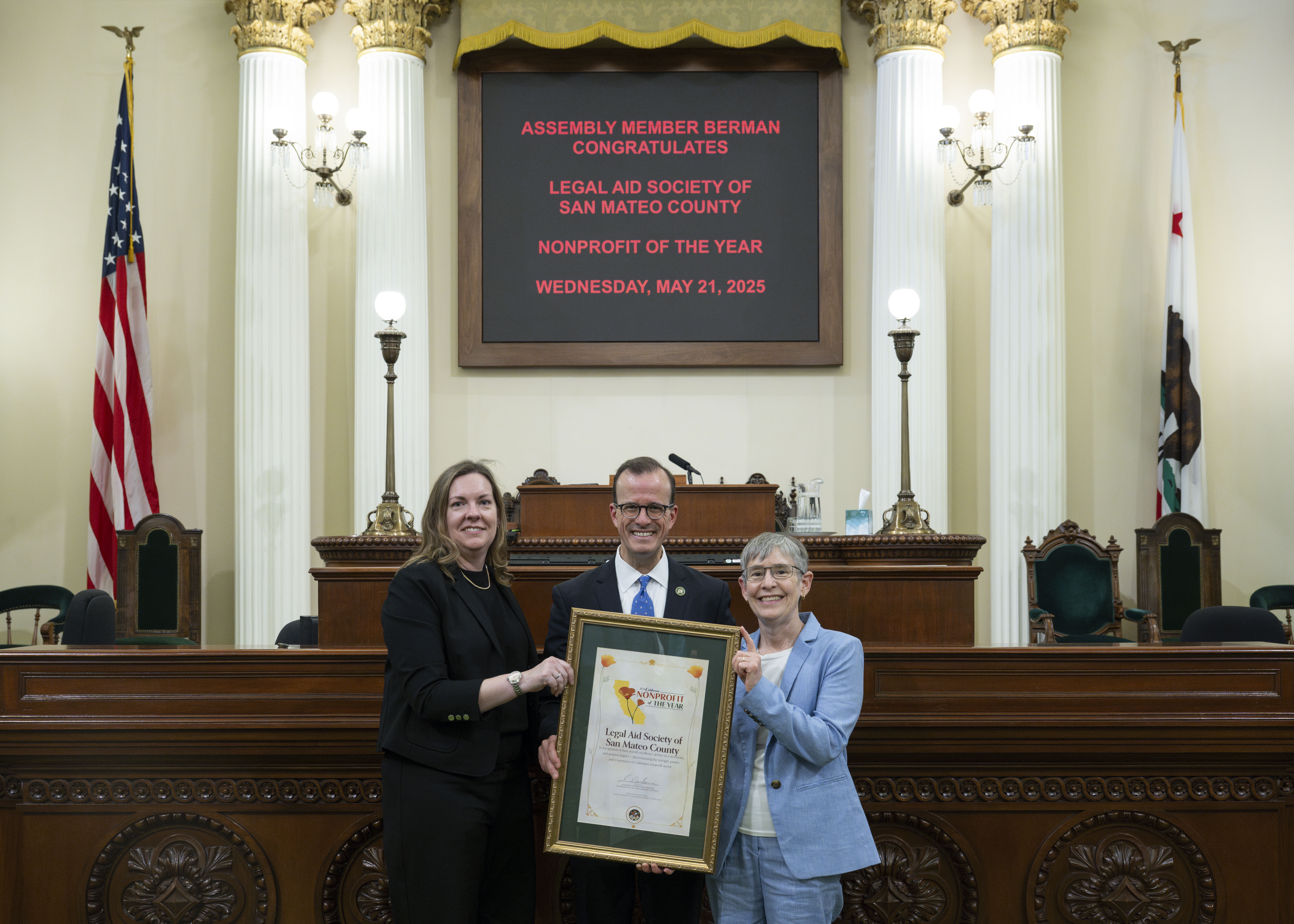 Asemblymember Berman and Legal Aid Society of San Mateo County on the Assembly Floor