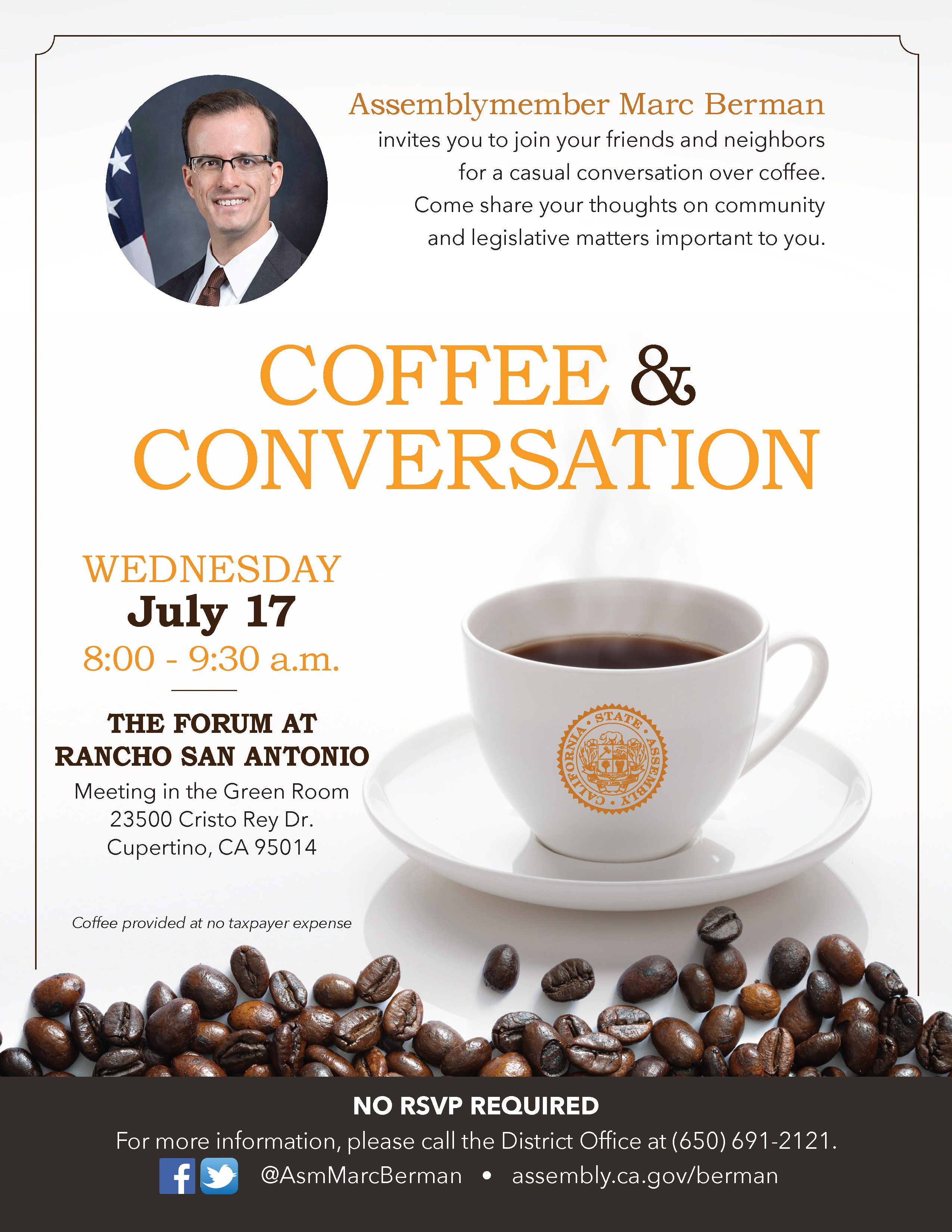 Assemblymember Berman Community Coffee in Woodside jpg graphic flyer