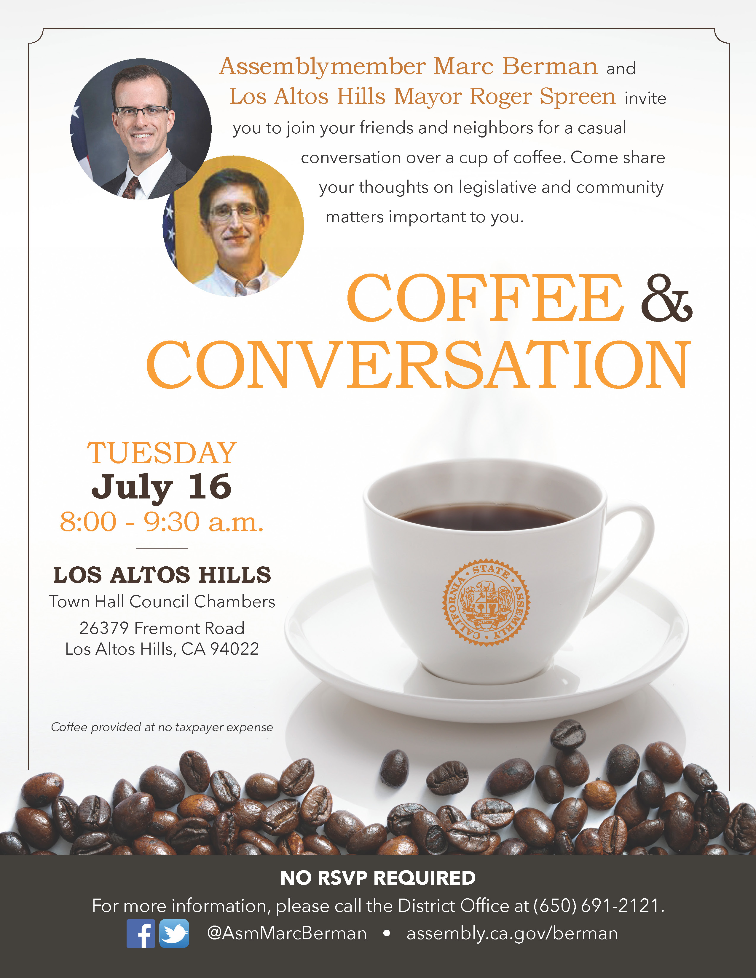 Assemblymember Berman Community Coffee in Woodside jpg graphic flyer