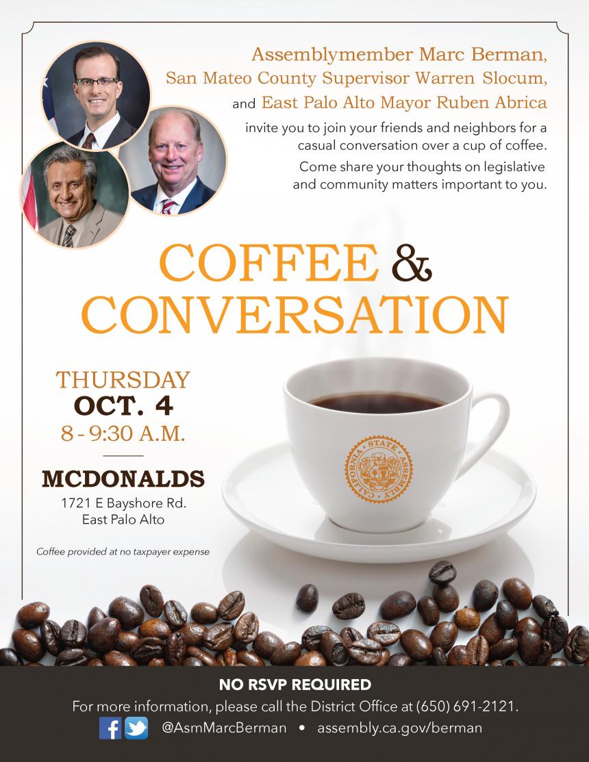Assemblymember Berman coffee event flyer graphic