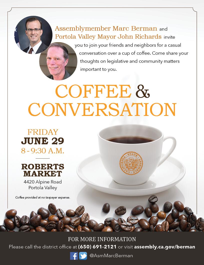 Assemblymember Berman Portola Coffee Event flyer