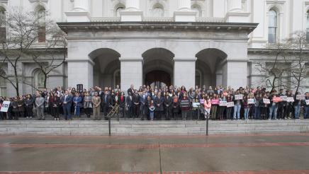 Assemblymember Berman and colleagues walk out of the California State Capitol for a 17 minute vigil in memory of those who lost their lives at Marjory Stoneman Douglas High School in Parkland, Florida on February 14th, 2018. 