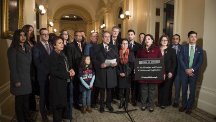 Assemblymember Berman and colleagues walk out of the California State Capitol for a 17 minute vigil in memory of those who lost their lives at Marjory Stoneman Douglas High School in Parkland, Florida on February 14th, 2018. 